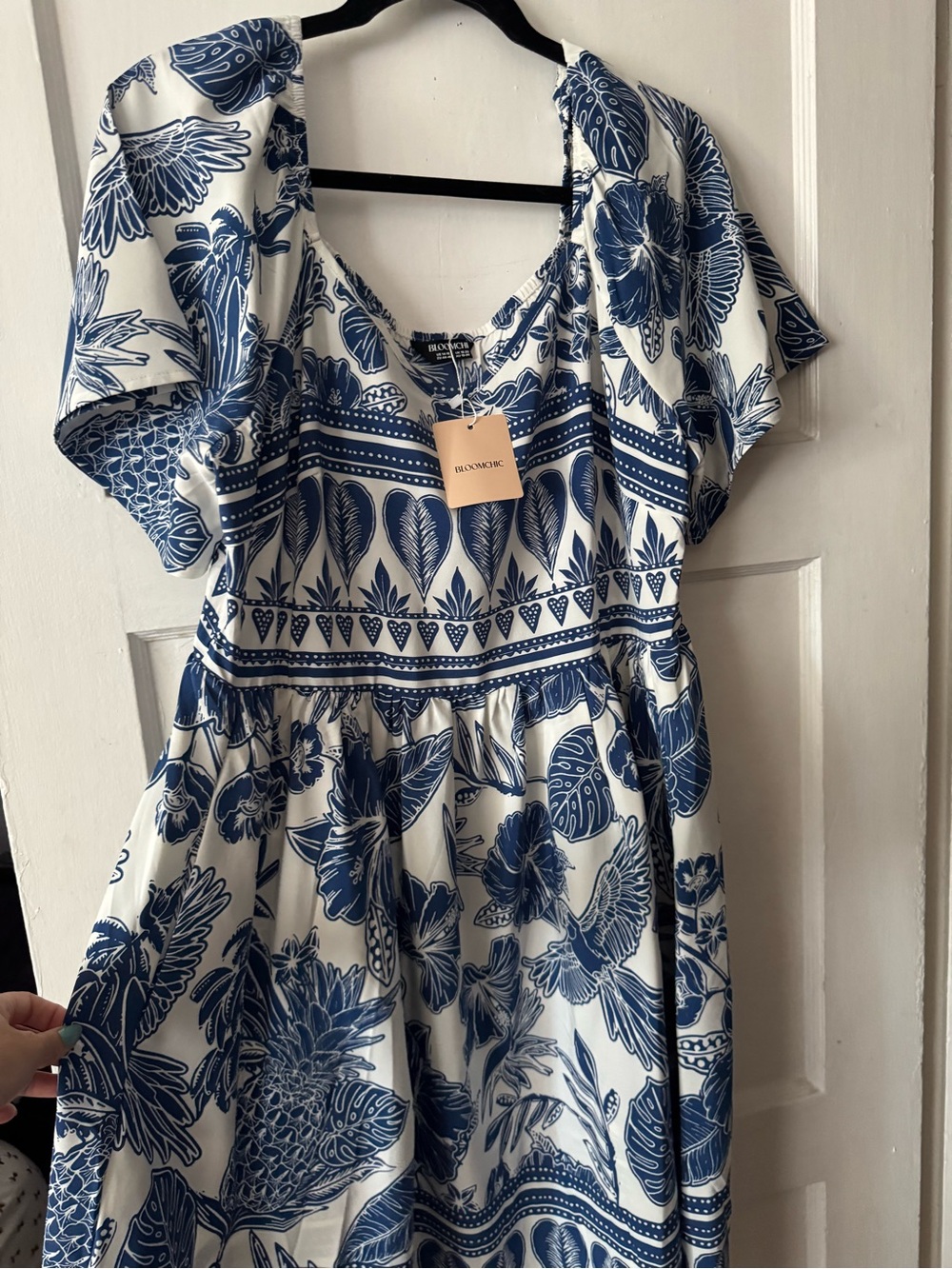 Women’s Tropical Blue and White Floral Fit-and-Flare Dress (With Pockets!) - Picture 7 of 7